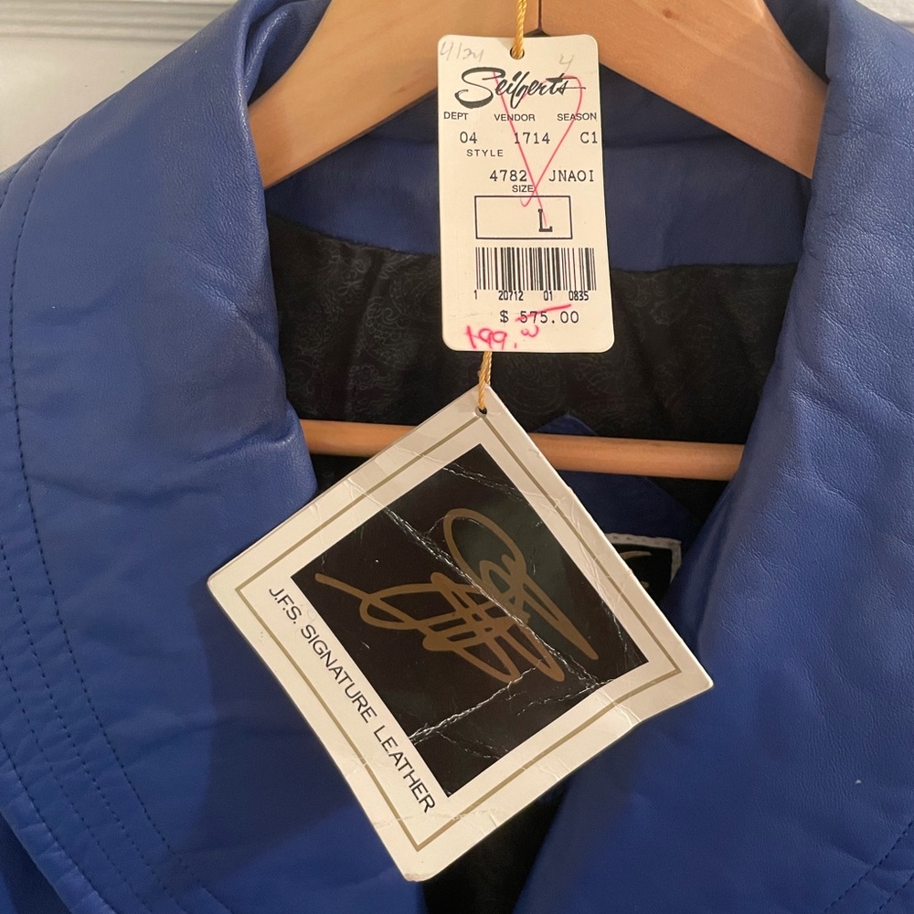 Vintage JFS Leather blue leather coat w/ original tags